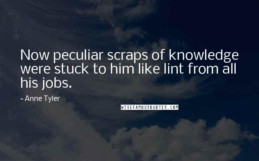 Anne Tyler Quotes: Now peculiar scraps of knowledge were stuck to him like lint from all his jobs.