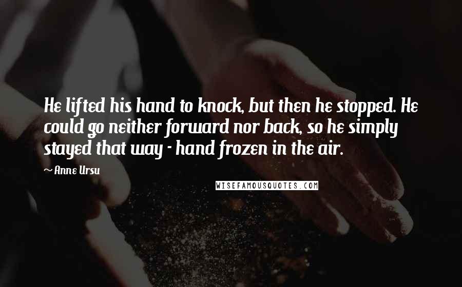 Anne Ursu Quotes: He lifted his hand to knock, but then he stopped. He could go neither forward nor back, so he simply stayed that way - hand frozen in the air.