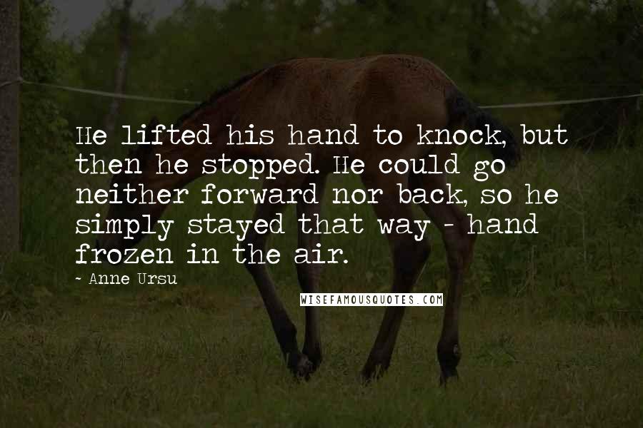 Anne Ursu Quotes: He lifted his hand to knock, but then he stopped. He could go neither forward nor back, so he simply stayed that way - hand frozen in the air.