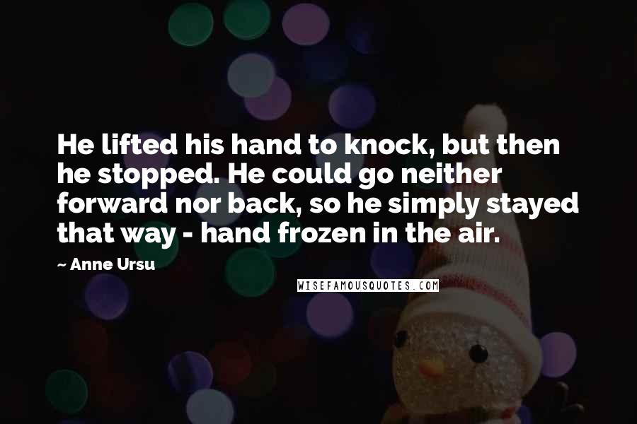 Anne Ursu Quotes: He lifted his hand to knock, but then he stopped. He could go neither forward nor back, so he simply stayed that way - hand frozen in the air.