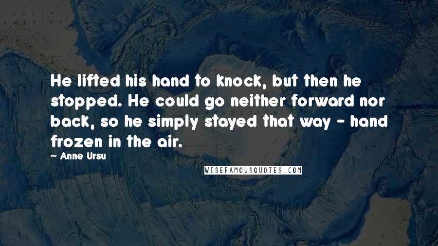 Anne Ursu Quotes: He lifted his hand to knock, but then he stopped. He could go neither forward nor back, so he simply stayed that way - hand frozen in the air.