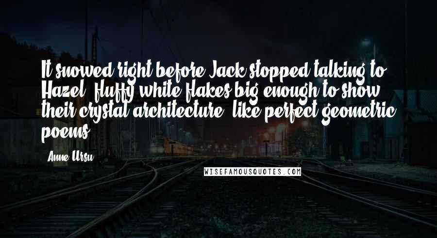 Anne Ursu Quotes: It snowed right before Jack stopped talking to Hazel, fluffy white flakes big enough to show their crystal architecture, like perfect geometric poems.