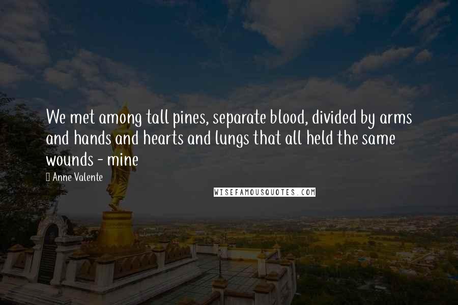 Anne Valente Quotes: We met among tall pines, separate blood, divided by arms and hands and hearts and lungs that all held the same wounds - mine