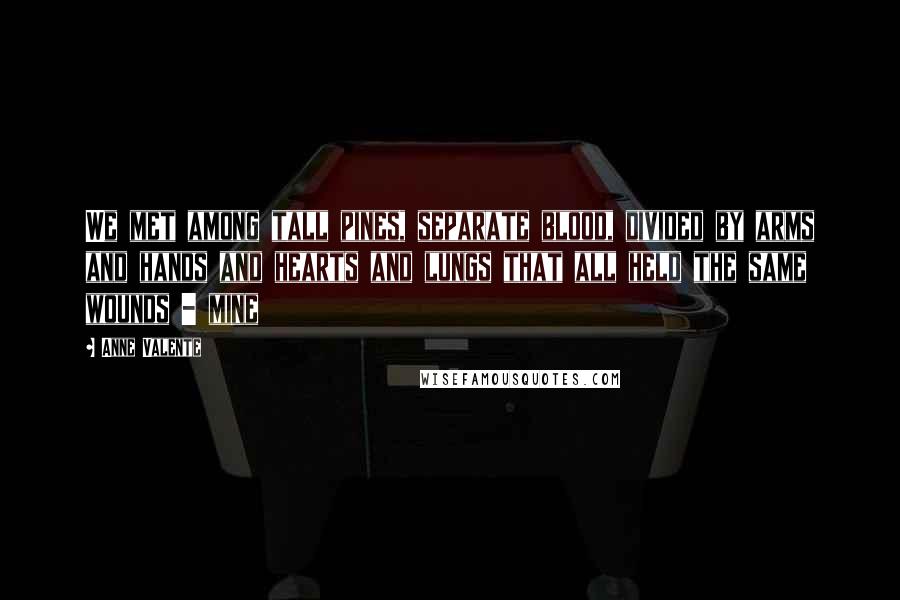 Anne Valente Quotes: We met among tall pines, separate blood, divided by arms and hands and hearts and lungs that all held the same wounds - mine