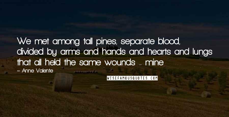 Anne Valente Quotes: We met among tall pines, separate blood, divided by arms and hands and hearts and lungs that all held the same wounds - mine