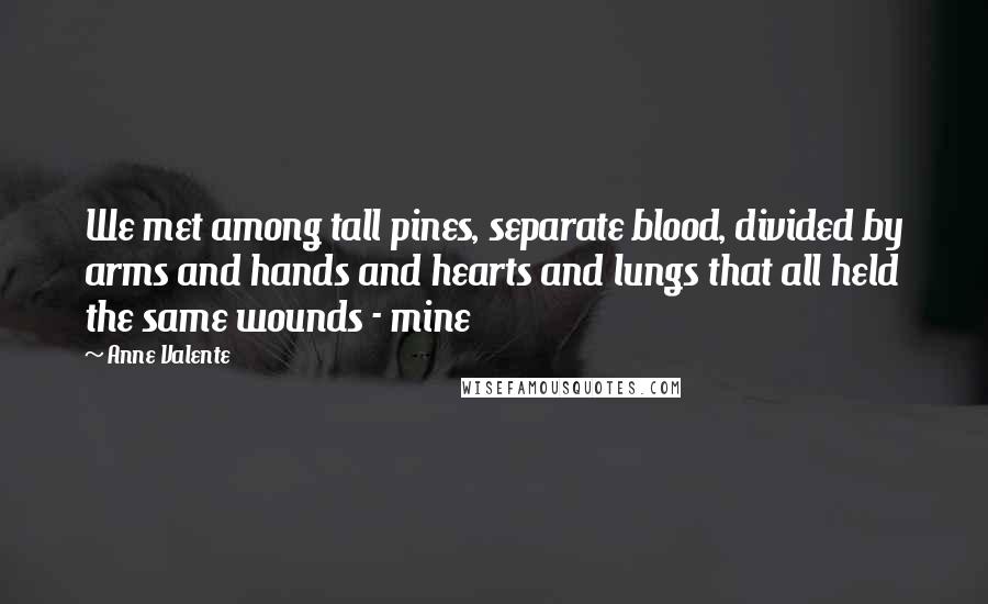 Anne Valente Quotes: We met among tall pines, separate blood, divided by arms and hands and hearts and lungs that all held the same wounds - mine