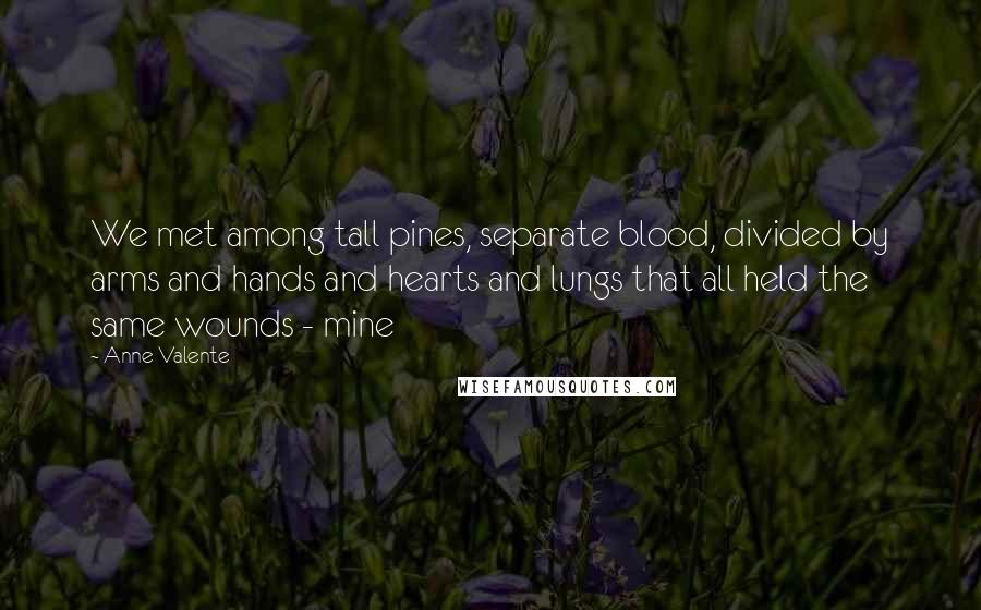 Anne Valente Quotes: We met among tall pines, separate blood, divided by arms and hands and hearts and lungs that all held the same wounds - mine