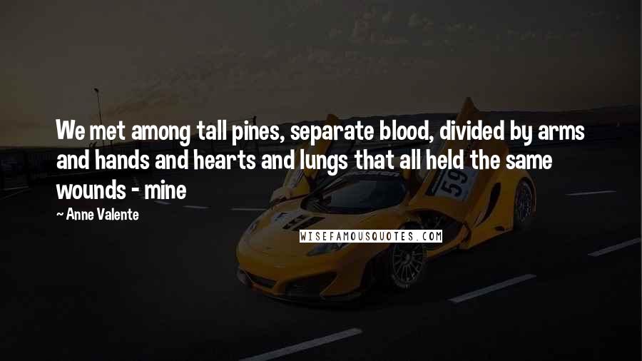 Anne Valente Quotes: We met among tall pines, separate blood, divided by arms and hands and hearts and lungs that all held the same wounds - mine