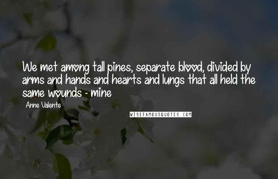 Anne Valente Quotes: We met among tall pines, separate blood, divided by arms and hands and hearts and lungs that all held the same wounds - mine