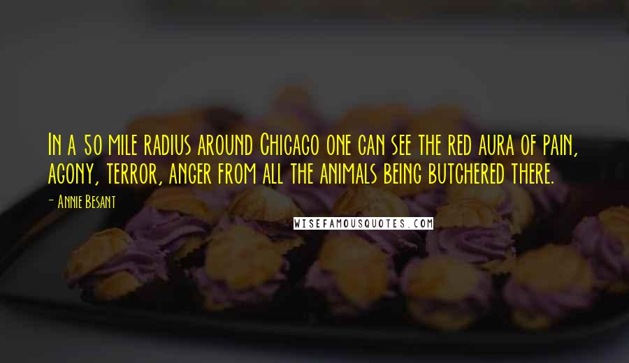 Annie Besant Quotes: In a 50 mile radius around Chicago one can see the red aura of pain, agony, terror, anger from all the animals being butchered there.