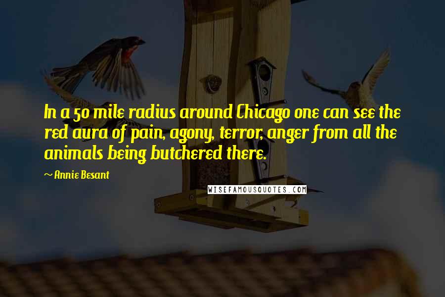 Annie Besant Quotes: In a 50 mile radius around Chicago one can see the red aura of pain, agony, terror, anger from all the animals being butchered there.