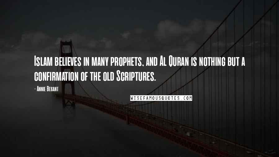 Annie Besant Quotes: Islam believes in many prophets, and Al Quran is nothing but a confirmation of the old Scriptures.