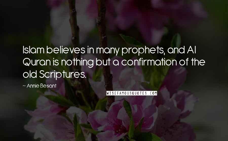 Annie Besant Quotes: Islam believes in many prophets, and Al Quran is nothing but a confirmation of the old Scriptures.