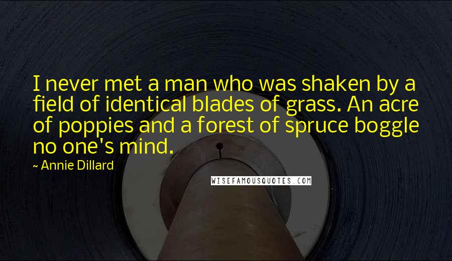 Annie Dillard Quotes: I never met a man who was shaken by a field of identical blades of grass. An acre of poppies and a forest of spruce boggle no one's mind.