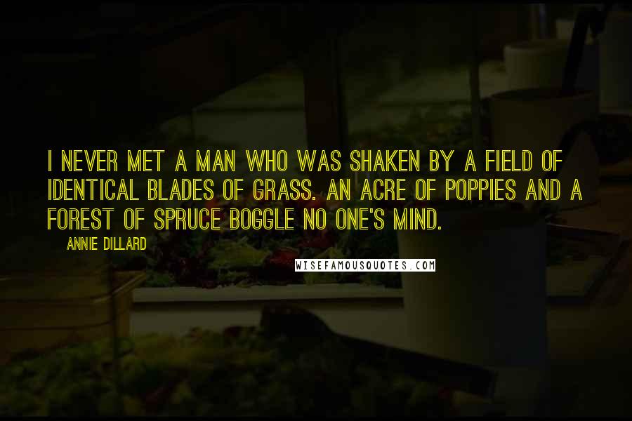 Annie Dillard Quotes: I never met a man who was shaken by a field of identical blades of grass. An acre of poppies and a forest of spruce boggle no one's mind.