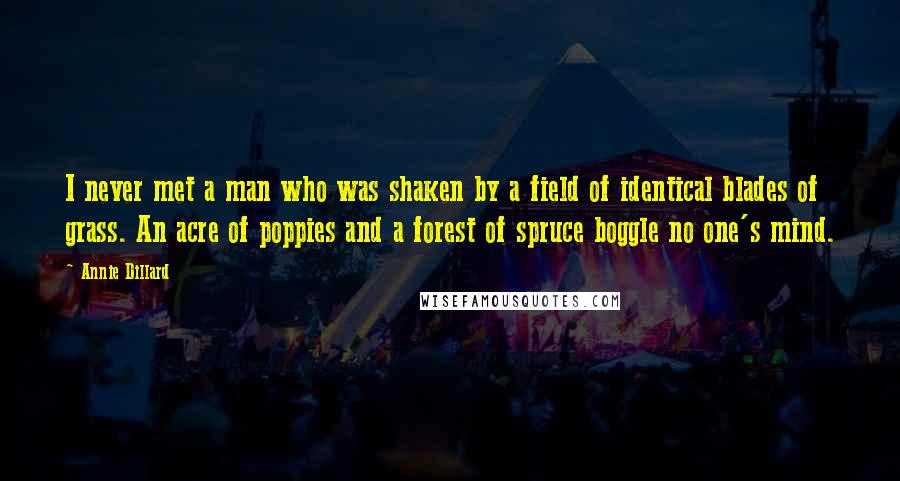 Annie Dillard Quotes: I never met a man who was shaken by a field of identical blades of grass. An acre of poppies and a forest of spruce boggle no one's mind.