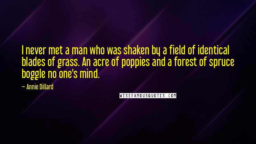 Annie Dillard Quotes: I never met a man who was shaken by a field of identical blades of grass. An acre of poppies and a forest of spruce boggle no one's mind.