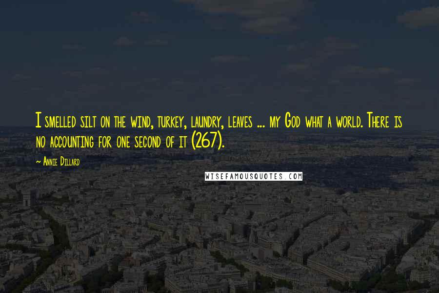 Annie Dillard Quotes: I smelled silt on the wind, turkey, laundry, leaves ... my God what a world. There is no accounting for one second of it (267).
