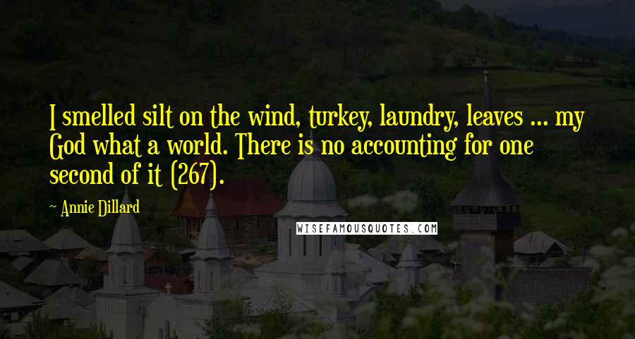 Annie Dillard Quotes: I smelled silt on the wind, turkey, laundry, leaves ... my God what a world. There is no accounting for one second of it (267).