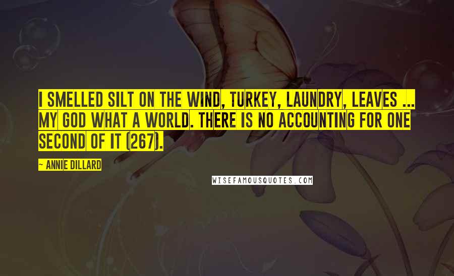 Annie Dillard Quotes: I smelled silt on the wind, turkey, laundry, leaves ... my God what a world. There is no accounting for one second of it (267).
