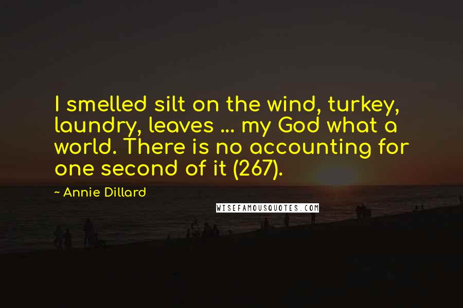 Annie Dillard Quotes: I smelled silt on the wind, turkey, laundry, leaves ... my God what a world. There is no accounting for one second of it (267).