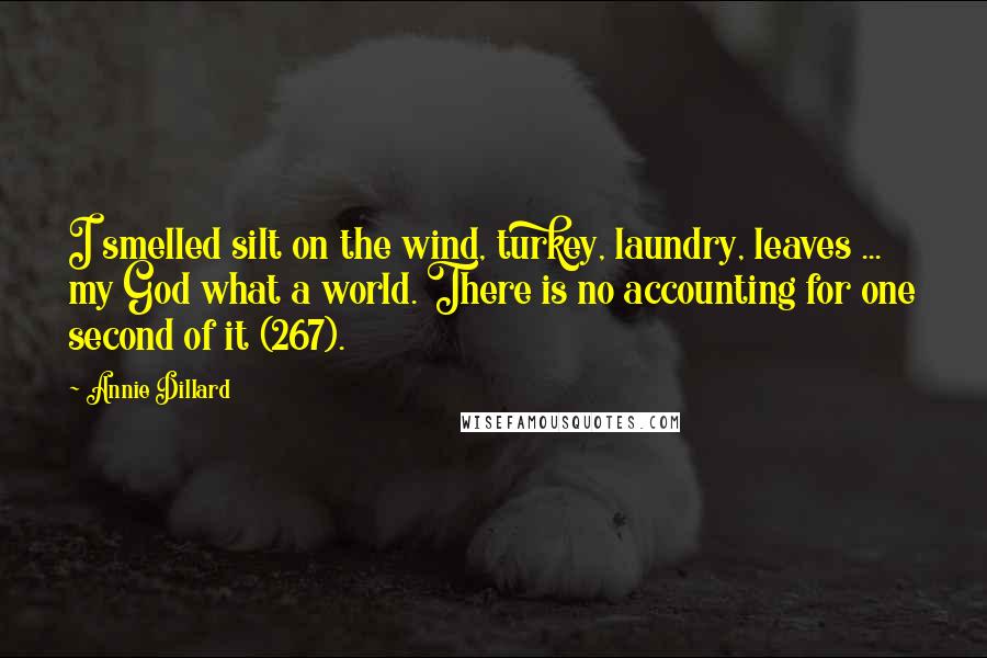 Annie Dillard Quotes: I smelled silt on the wind, turkey, laundry, leaves ... my God what a world. There is no accounting for one second of it (267).