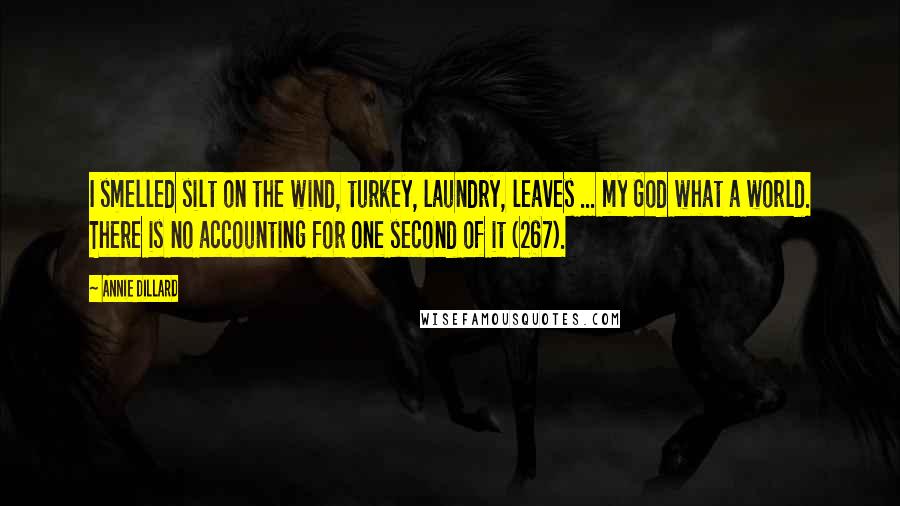 Annie Dillard Quotes: I smelled silt on the wind, turkey, laundry, leaves ... my God what a world. There is no accounting for one second of it (267).