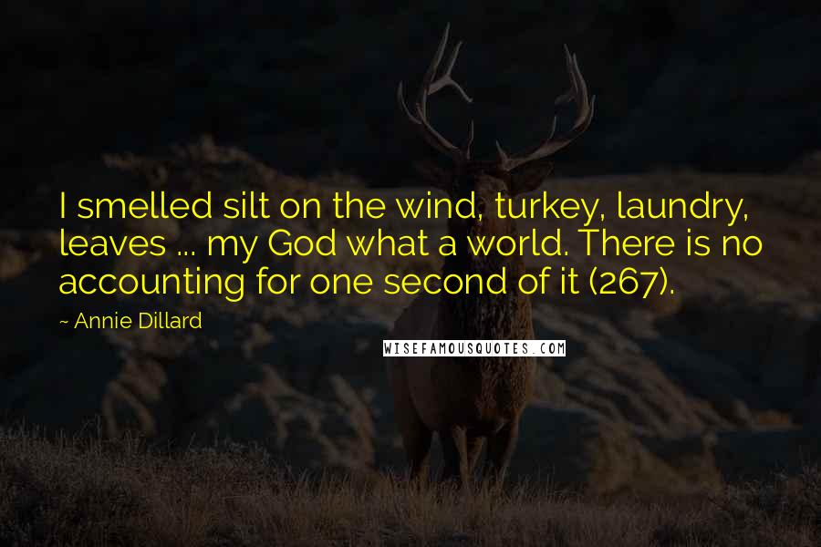 Annie Dillard Quotes: I smelled silt on the wind, turkey, laundry, leaves ... my God what a world. There is no accounting for one second of it (267).