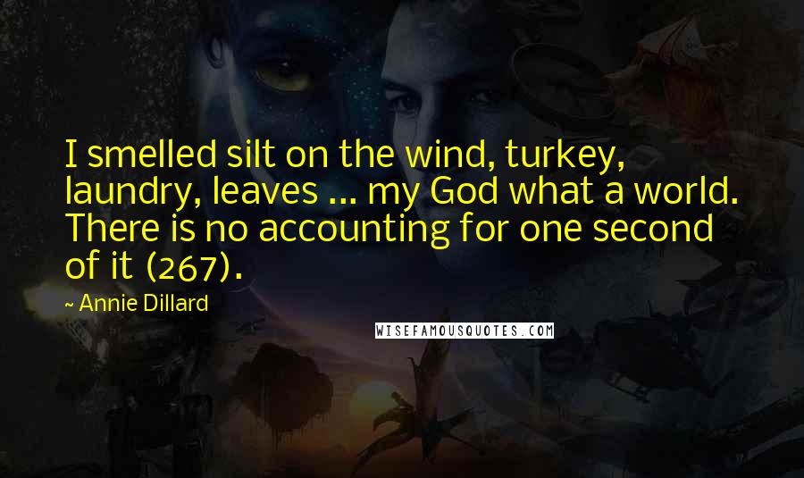 Annie Dillard Quotes: I smelled silt on the wind, turkey, laundry, leaves ... my God what a world. There is no accounting for one second of it (267).