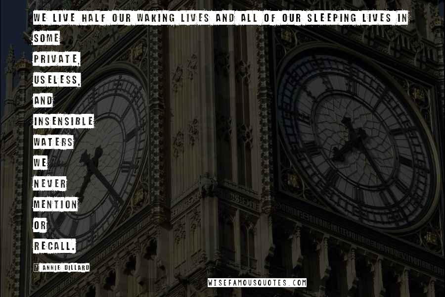 Annie Dillard Quotes: We live half our waking lives and all of our sleeping lives in some private, useless, and insensible waters we never mention or recall.
