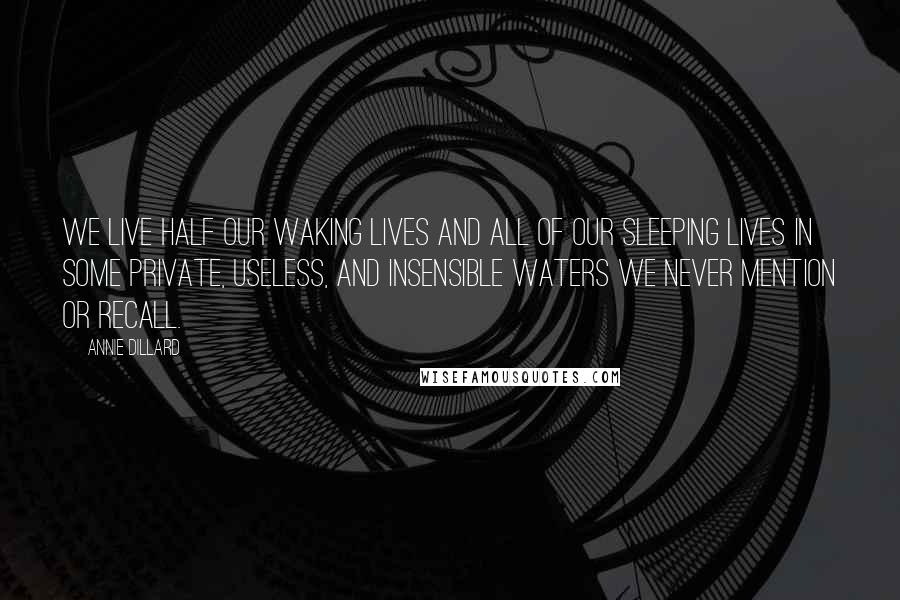 Annie Dillard Quotes: We live half our waking lives and all of our sleeping lives in some private, useless, and insensible waters we never mention or recall.