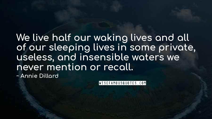 Annie Dillard Quotes: We live half our waking lives and all of our sleeping lives in some private, useless, and insensible waters we never mention or recall.