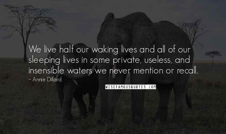 Annie Dillard Quotes: We live half our waking lives and all of our sleeping lives in some private, useless, and insensible waters we never mention or recall.