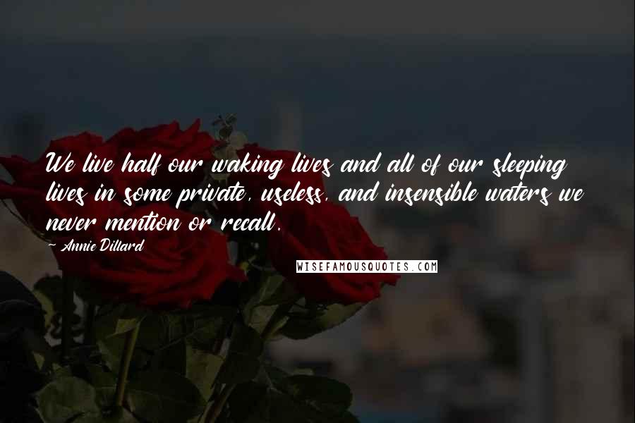 Annie Dillard Quotes: We live half our waking lives and all of our sleeping lives in some private, useless, and insensible waters we never mention or recall.