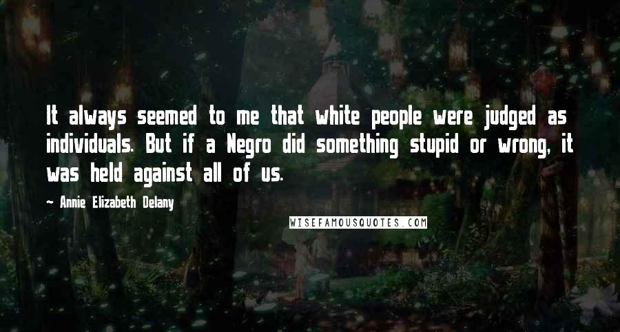 Annie Elizabeth Delany Quotes: It always seemed to me that white people were judged as individuals. But if a Negro did something stupid or wrong, it was held against all of us.