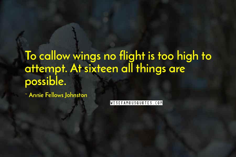 Annie Fellows Johnston Quotes: To callow wings no flight is too high to attempt. At sixteen all things are possible.