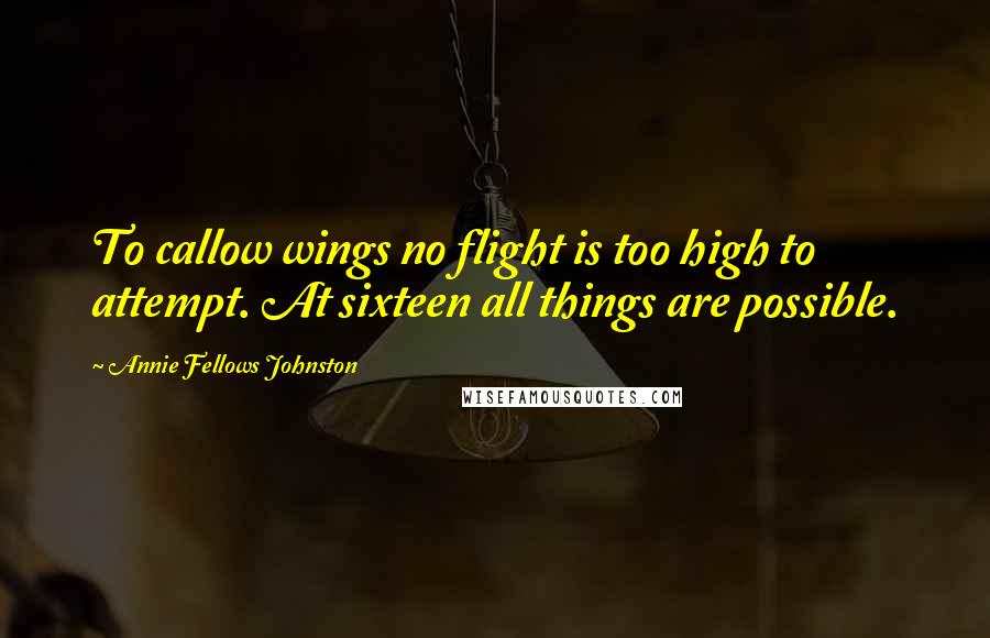 Annie Fellows Johnston Quotes: To callow wings no flight is too high to attempt. At sixteen all things are possible.