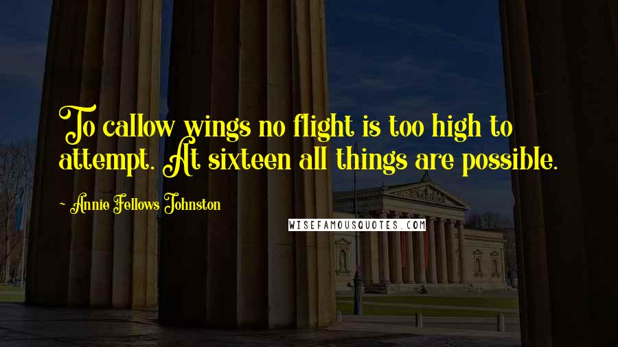 Annie Fellows Johnston Quotes: To callow wings no flight is too high to attempt. At sixteen all things are possible.