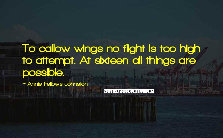 Annie Fellows Johnston Quotes: To callow wings no flight is too high to attempt. At sixteen all things are possible.