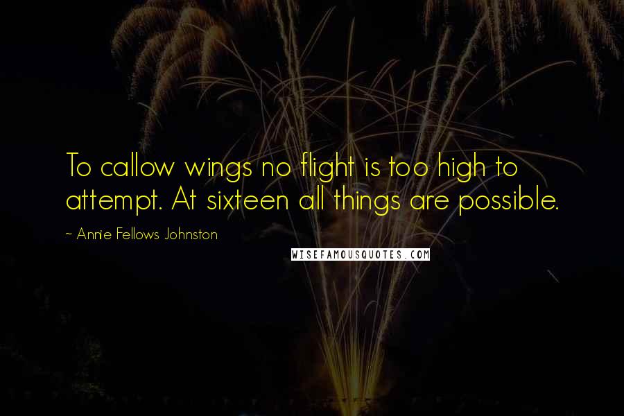 Annie Fellows Johnston Quotes: To callow wings no flight is too high to attempt. At sixteen all things are possible.