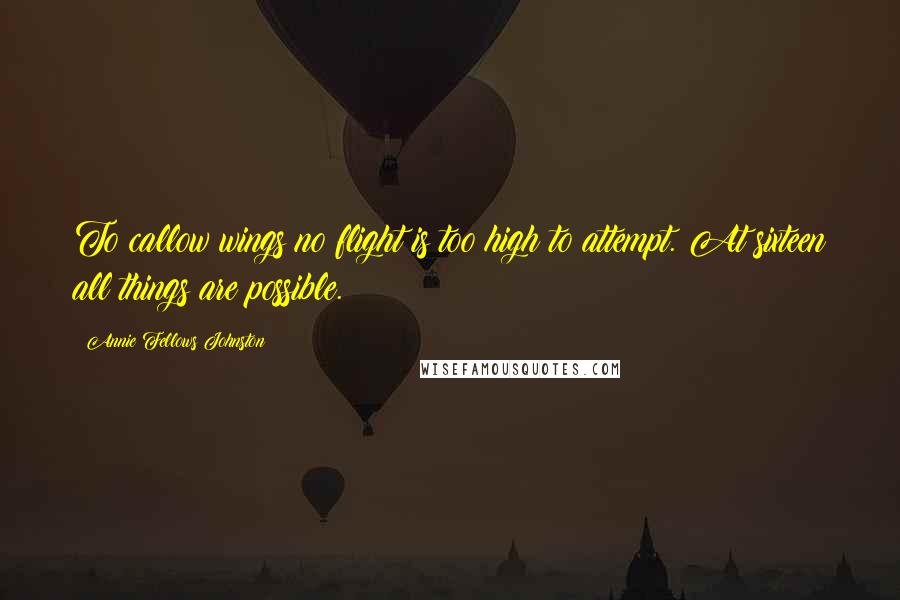 Annie Fellows Johnston Quotes: To callow wings no flight is too high to attempt. At sixteen all things are possible.