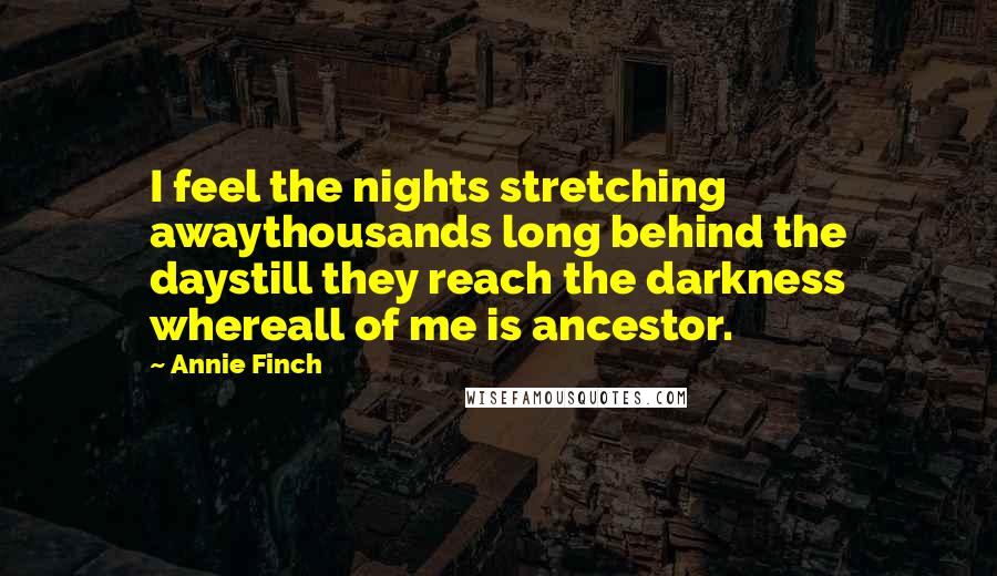 Annie Finch Quotes: I feel the nights stretching awaythousands long behind the daystill they reach the darkness whereall of me is ancestor.