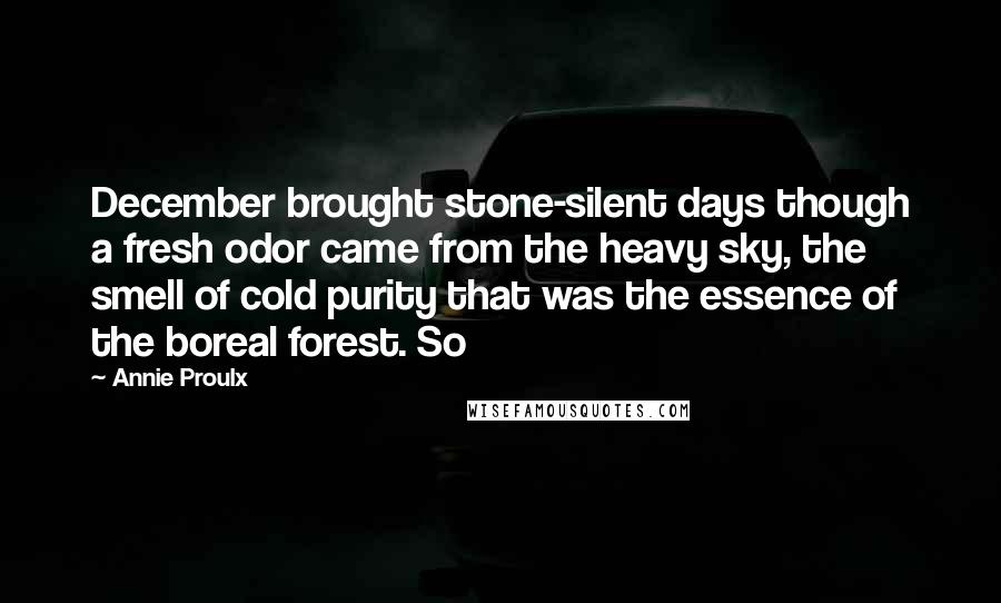 Annie Proulx Quotes: December brought stone-silent days though a fresh odor came from the heavy sky, the smell of cold purity that was the essence of the boreal forest. So