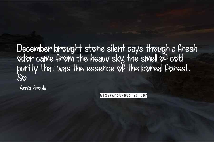 Annie Proulx Quotes: December brought stone-silent days though a fresh odor came from the heavy sky, the smell of cold purity that was the essence of the boreal forest. So