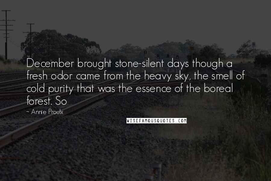 Annie Proulx Quotes: December brought stone-silent days though a fresh odor came from the heavy sky, the smell of cold purity that was the essence of the boreal forest. So