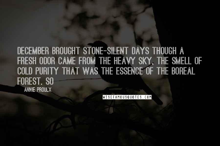 Annie Proulx Quotes: December brought stone-silent days though a fresh odor came from the heavy sky, the smell of cold purity that was the essence of the boreal forest. So