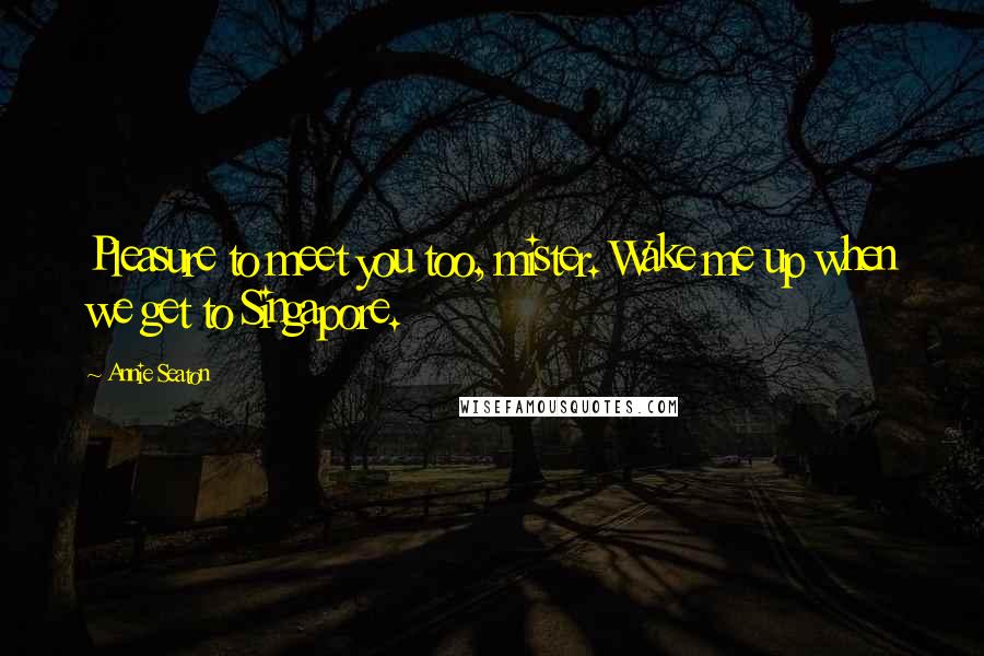 Annie Seaton Quotes: Pleasure to meet you too, mister. Wake me up when we get to Singapore.