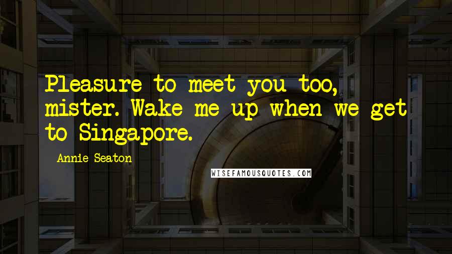 Annie Seaton Quotes: Pleasure to meet you too, mister. Wake me up when we get to Singapore.