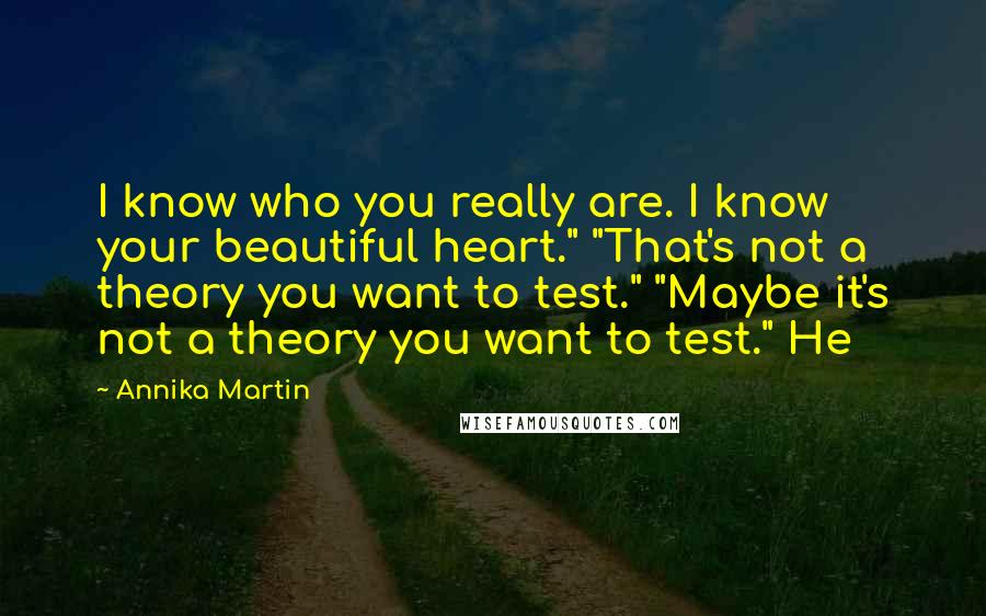 Annika Martin Quotes: I know who you really are. I know your beautiful heart." "That's not a theory you want to test." "Maybe it's not a theory you want to test." He