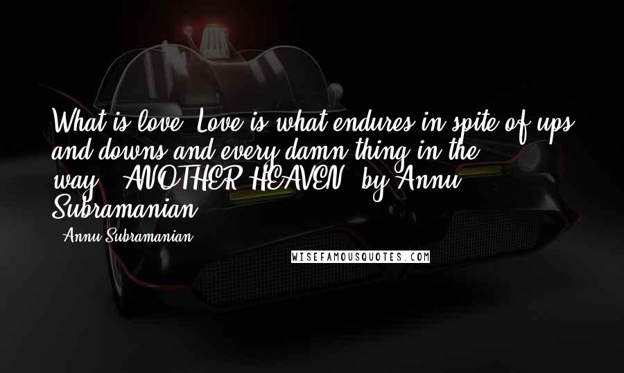 Annu Subramanian Quotes: What is love? Love is what endures in spite of ups and downs and every damn thing in the way."-ANOTHER HEAVEN- by Annu Subramanian